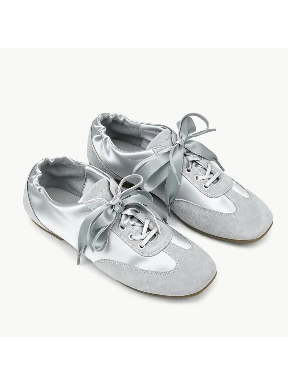 Women's Silver Satin Lace Up Lightweight Slim Comfort Ballerina Flat Sneakers